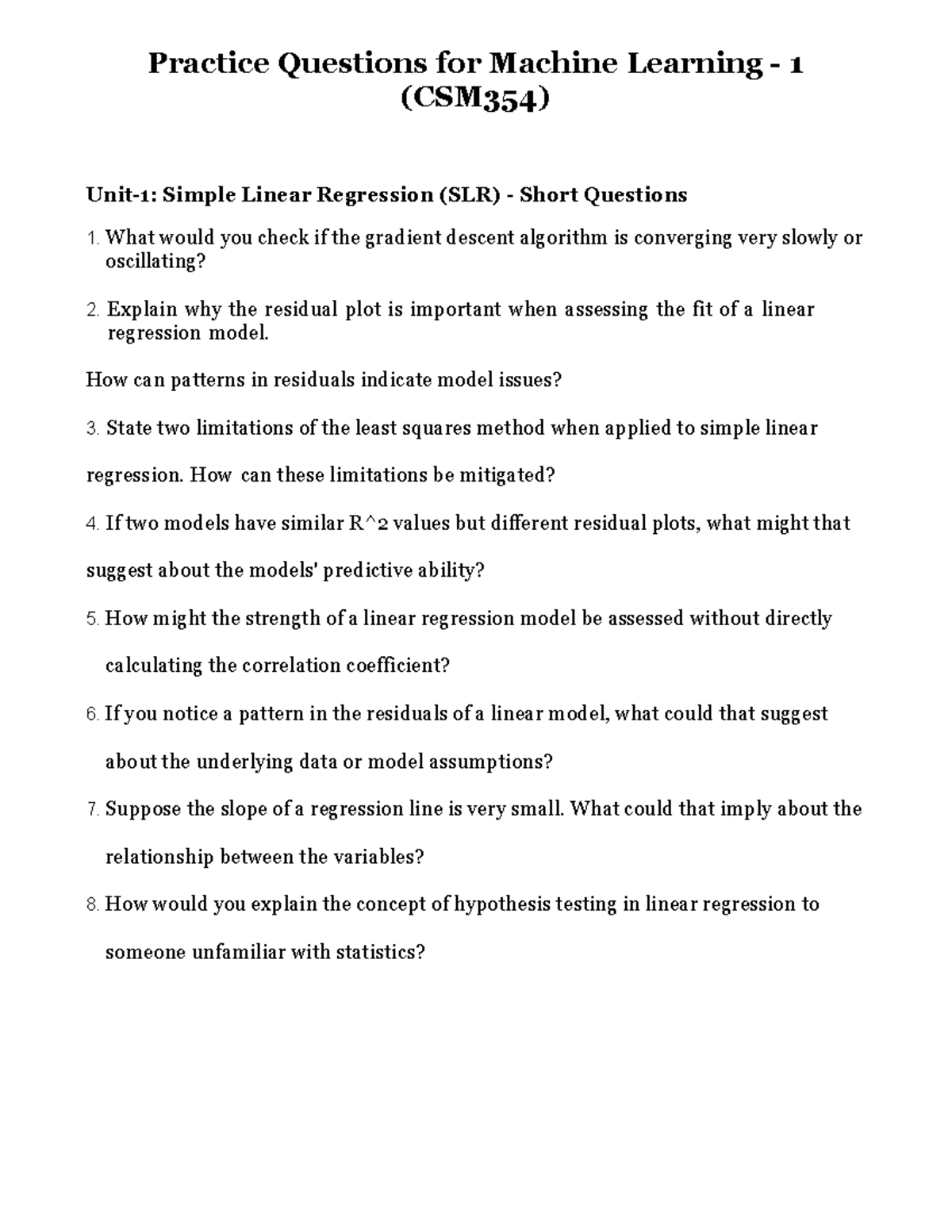 Practice questions for machine learning 1 (CSM354) on regression ...