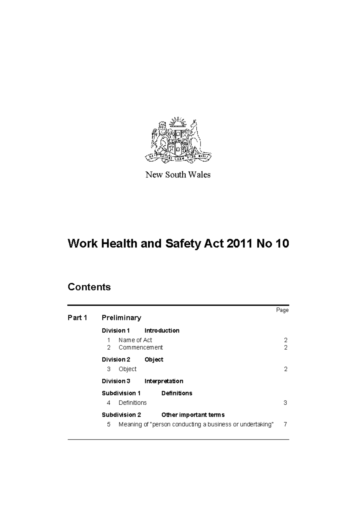 New South Wales Work Health and Safety Act 2011 No 10 Overview - Studocu