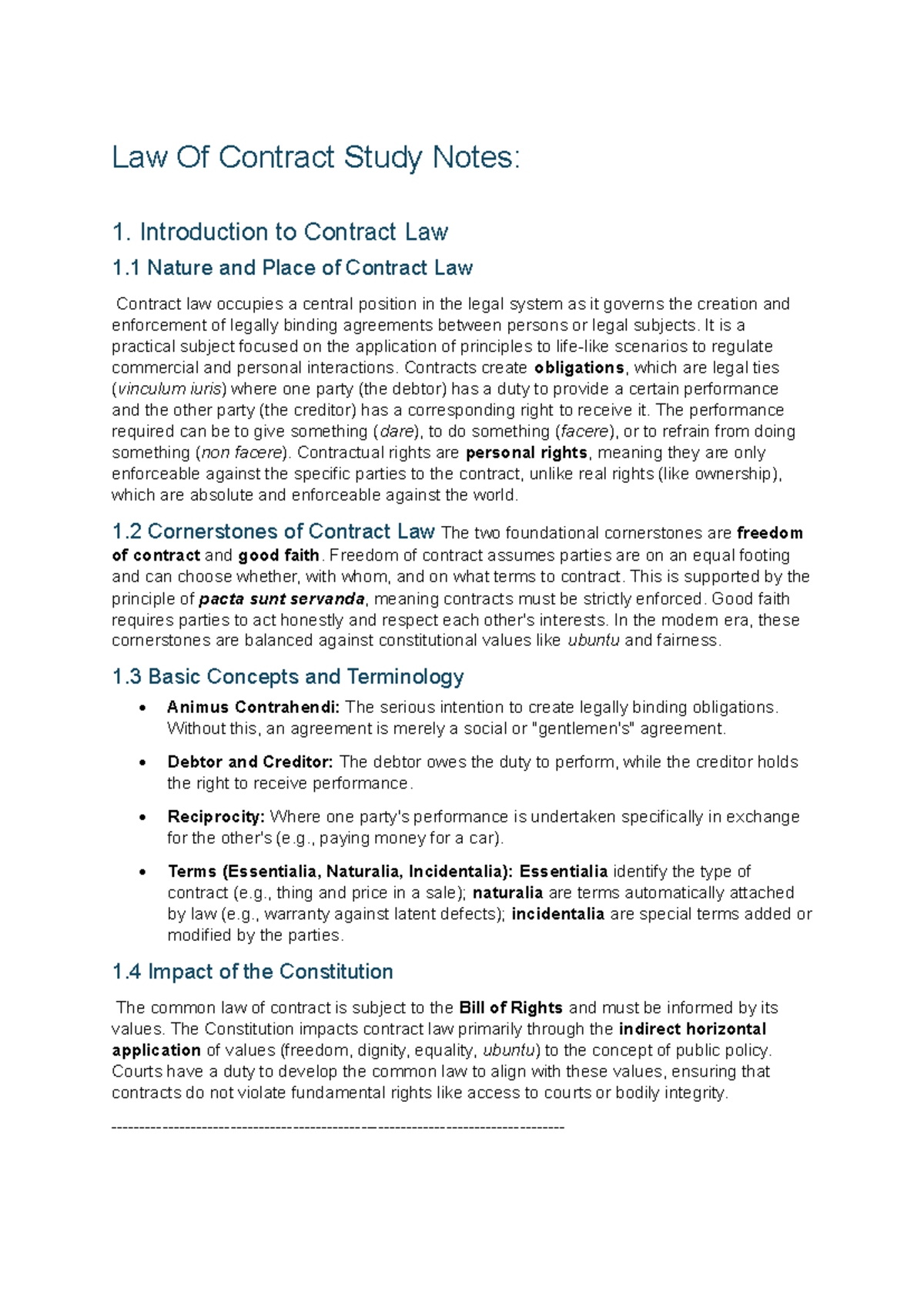 Law of Contract Study Notes: Key Concepts and Principles - Studocu