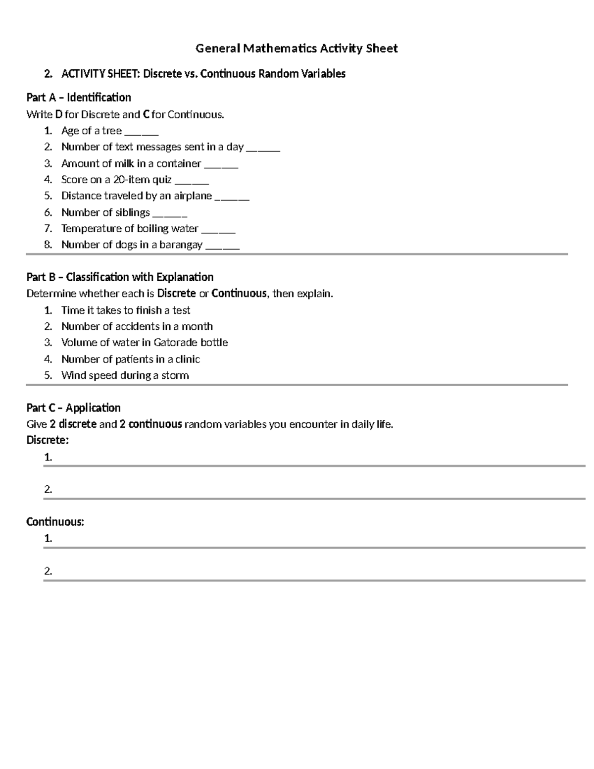 General Mathematics Activity Sheet 2: Random Variables & Triangles ...