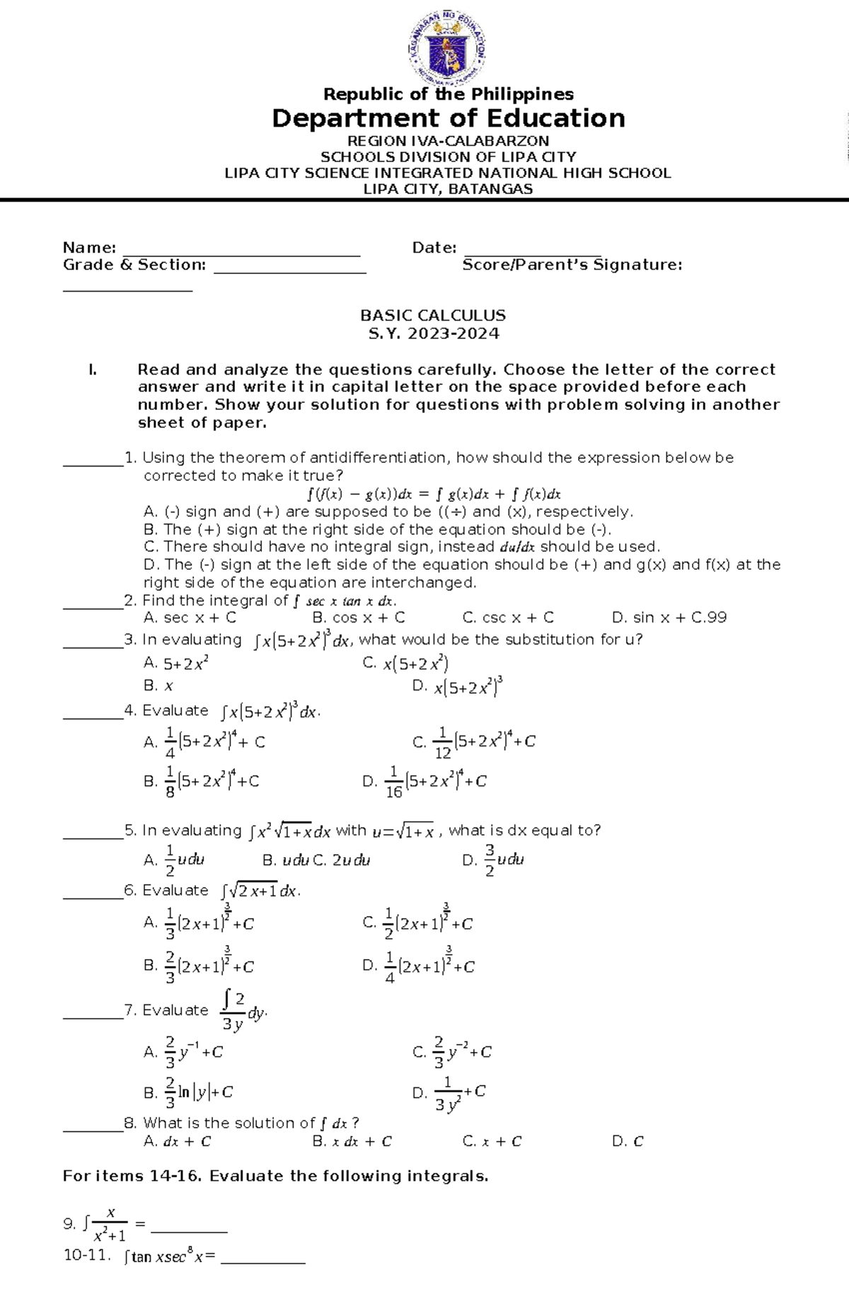 Q4 Basic Calculus Summative Exam S.Y. I - Lipa City Science High School ...