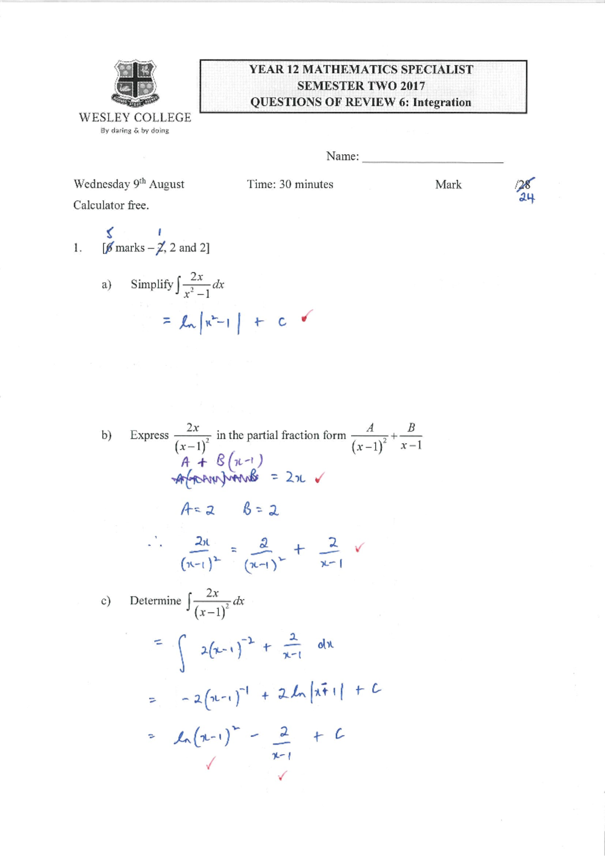 WESLEY COLLEGE MATH SPECIALIST QOR 6 SOLUTIONS SEM 2 2017 - Studocu
