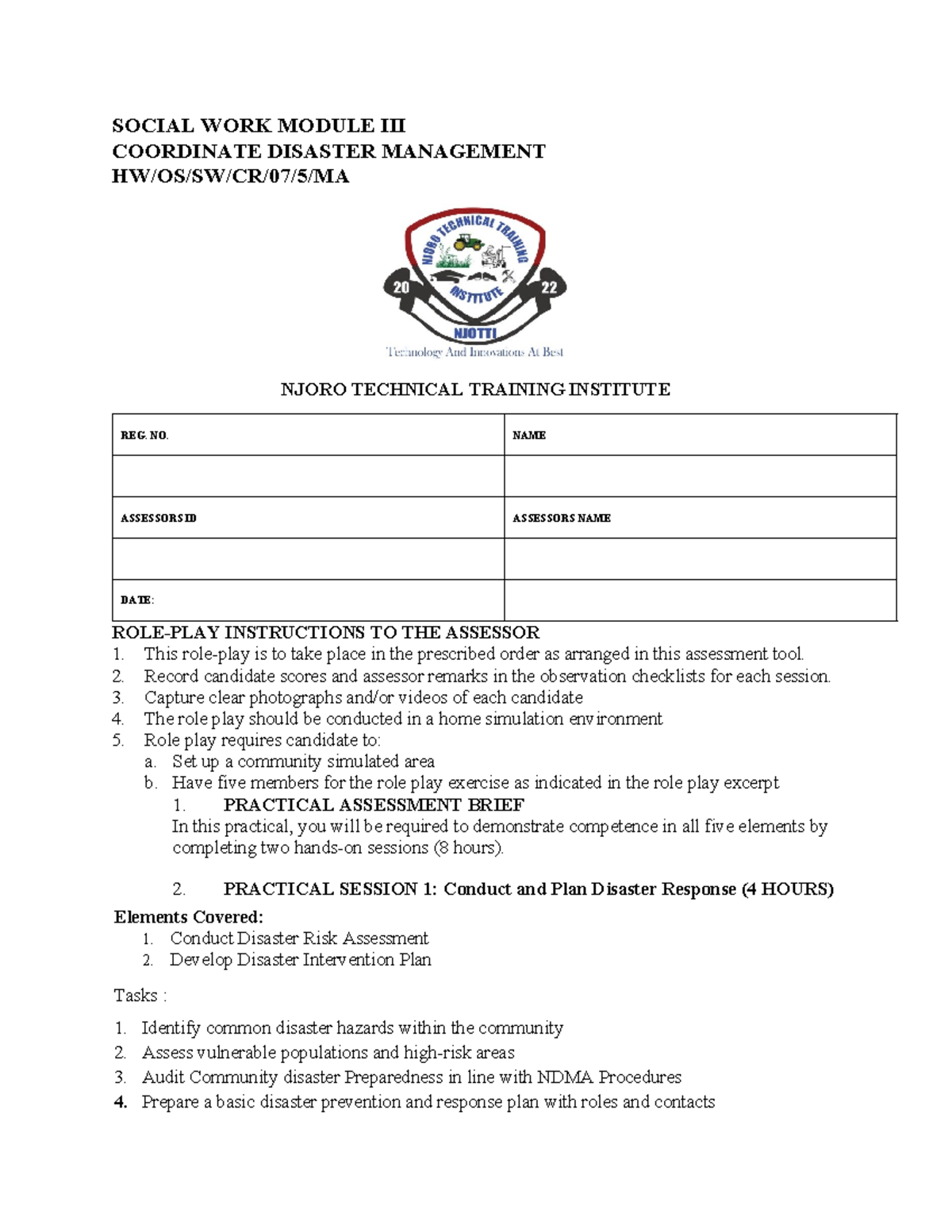 Disaster Management Practical Assessment Checklist - SWM 101 - Studocu