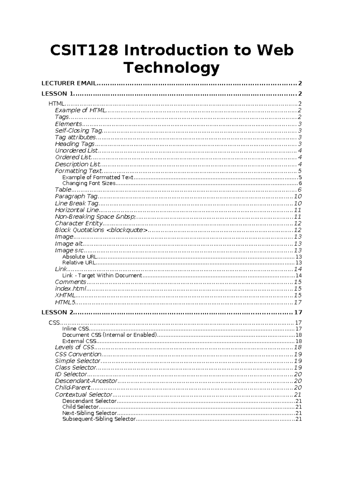 CSIT128 Introduction to Web Technology: HTML & CSS Lessons Overview ...