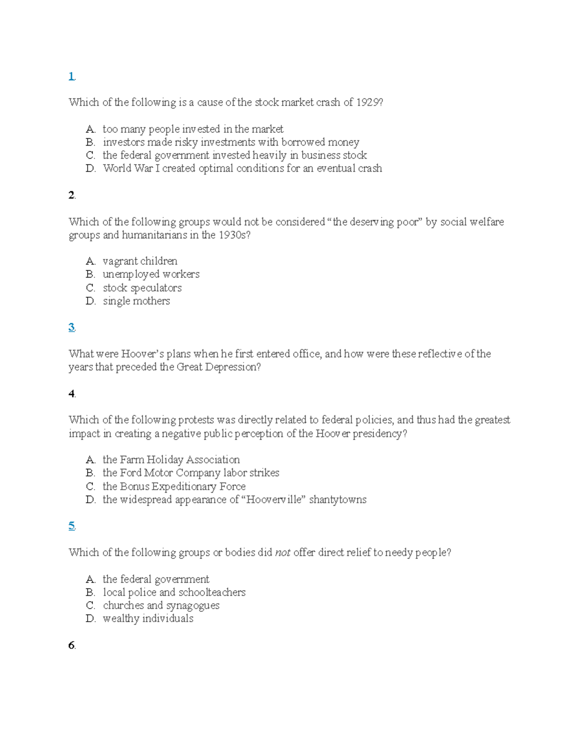 US History (HIST 201) Ch. 25 Review Ques: Causes of the Great ...