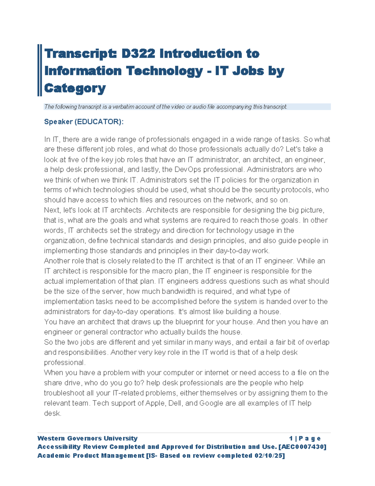 IT Job Roles Overview - D322 Intro to IT: Key Positions Explained - Studocu