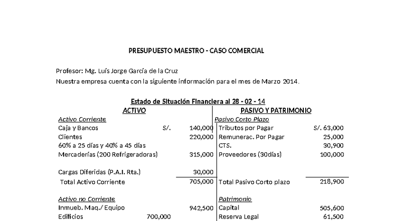 PRESUPUESTO MAESTRO: CASO COMERCIAL MARZO 2014 - Document Preview