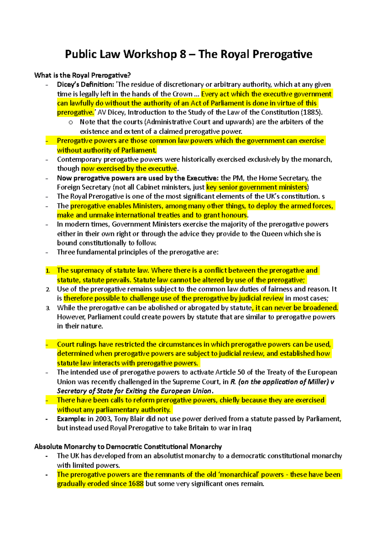Prepare Work - Public Law Workshop 8 – The Royal Prerogative What is ...