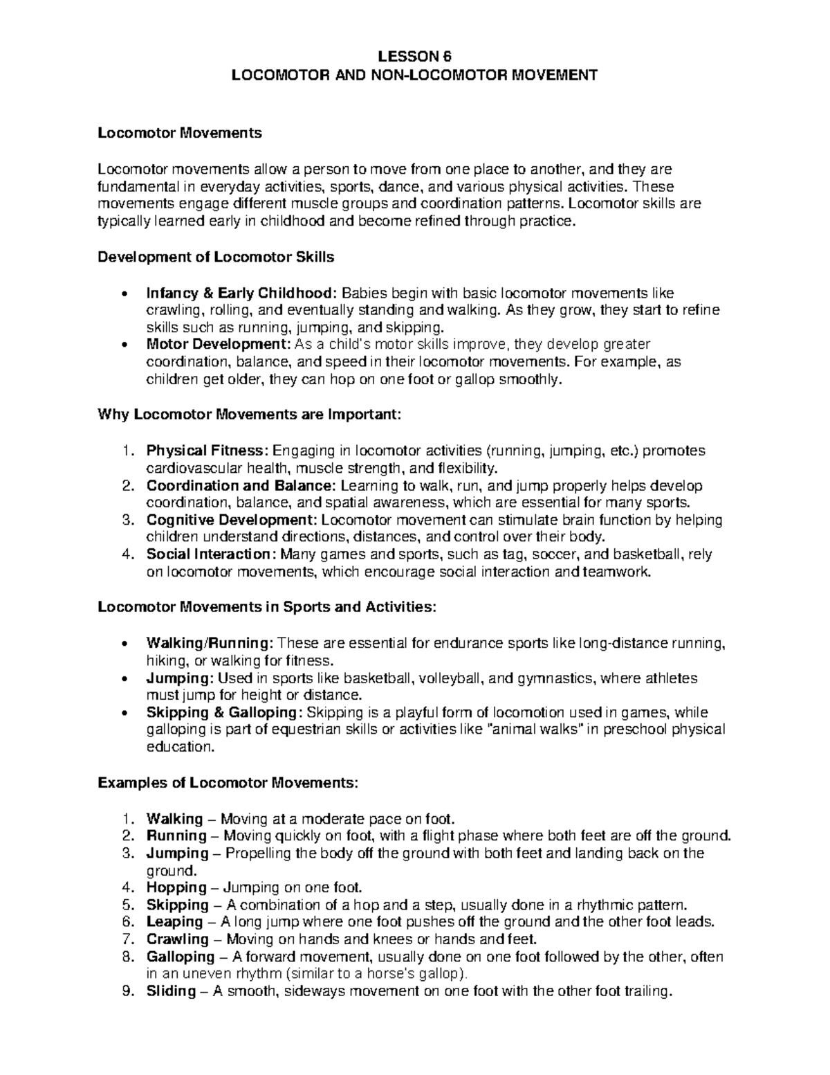 Lesson 6 Locomotor And Non Locomotor Movements Overview Studocu