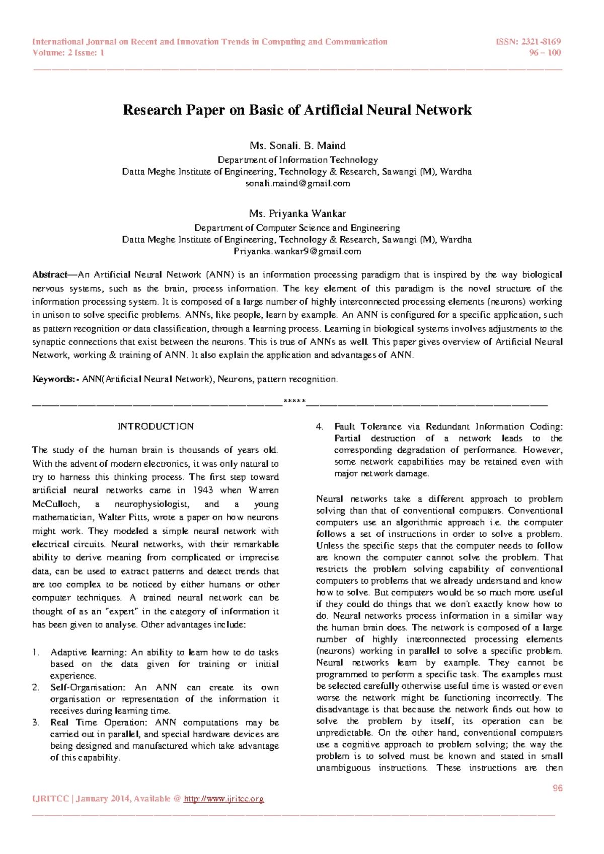 Research Paper on Basics of ANN - IJRITCC Vol 2, Issue 1 - Studocu