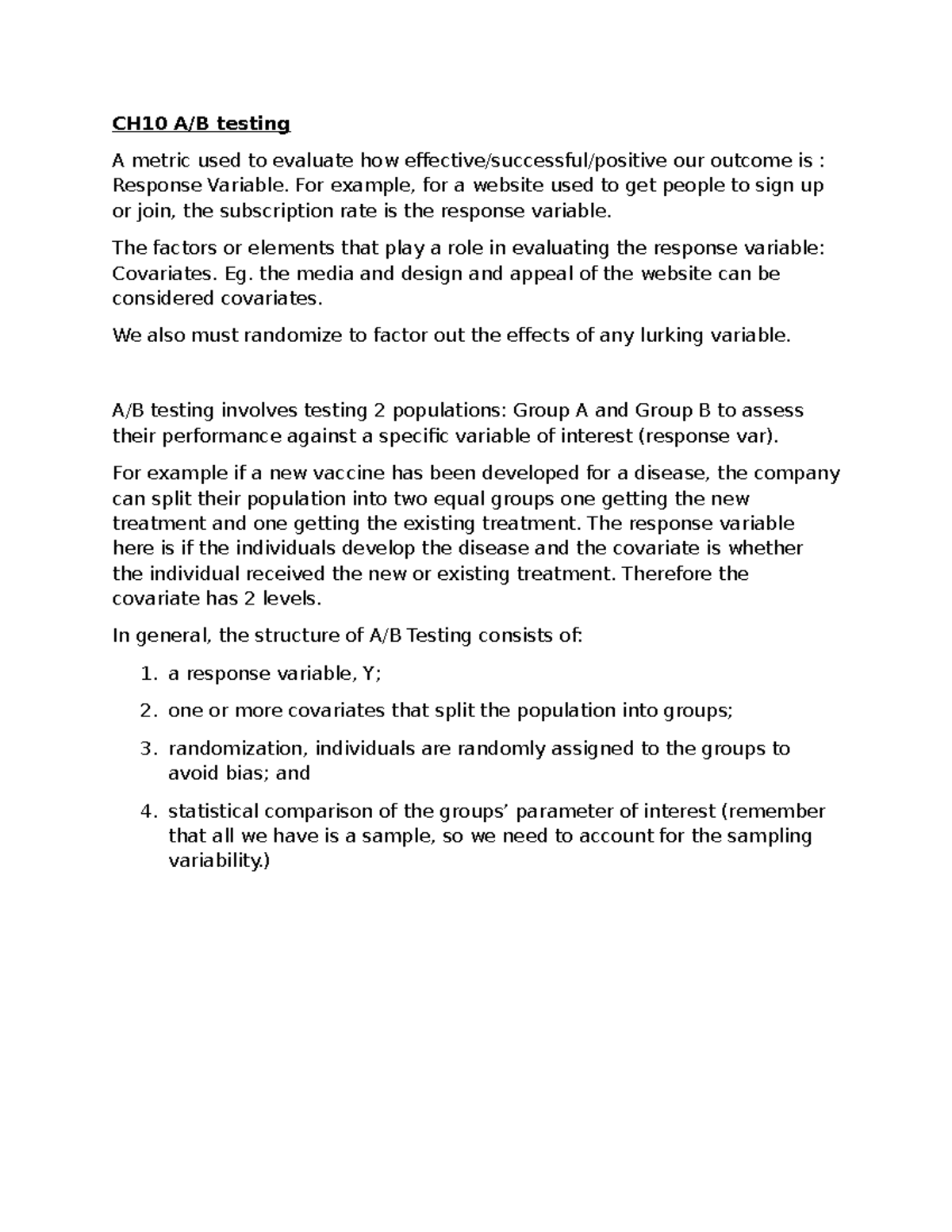 Ch 10 ab testing: evaluating response variables and covariates - Studocu
