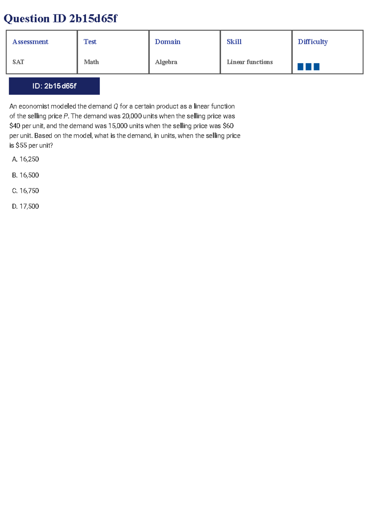 SAT Math Algebra Linear Functions Assessment Test Questions - Studocu