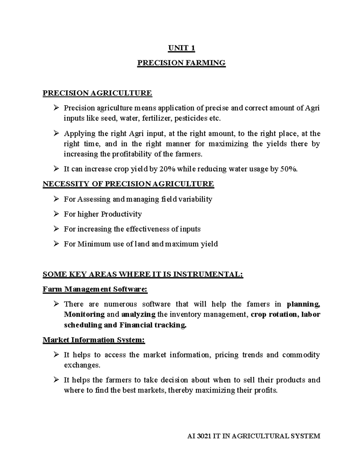 UNIT 1 2 3 - AI3021 - UNIT 1 PRECISION FARMING PRECISION AGRICULTURE ...