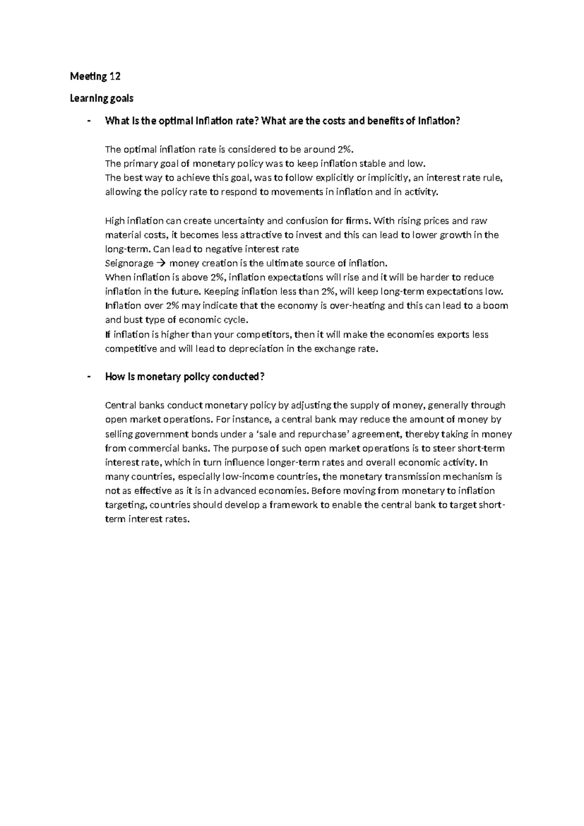 Meeting 12 Macro Tutorial Notes: Optimal Inflation Rate & Monetary ...