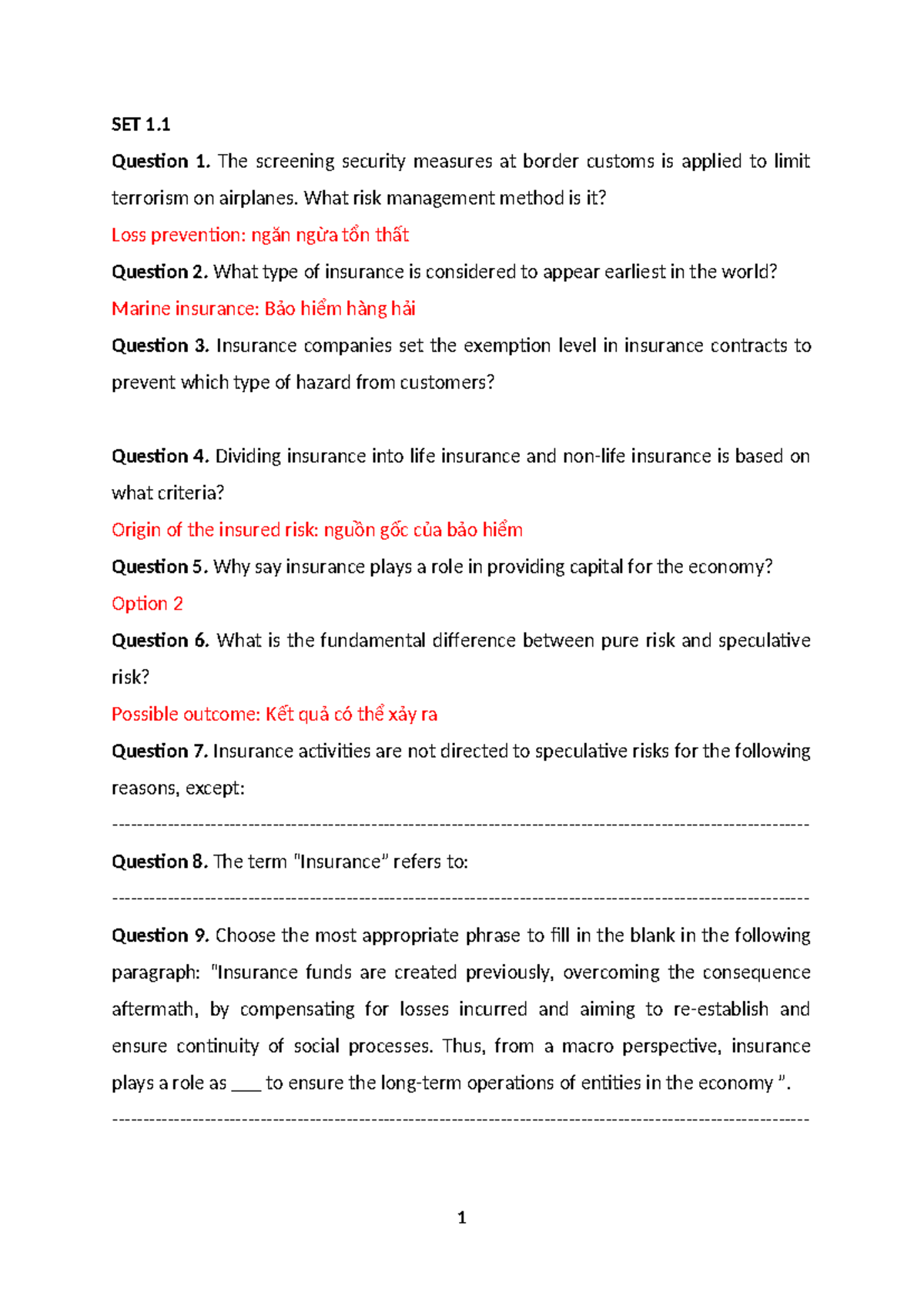 SET 1 - Risk Management and Insurance Concepts Overview - Studocu