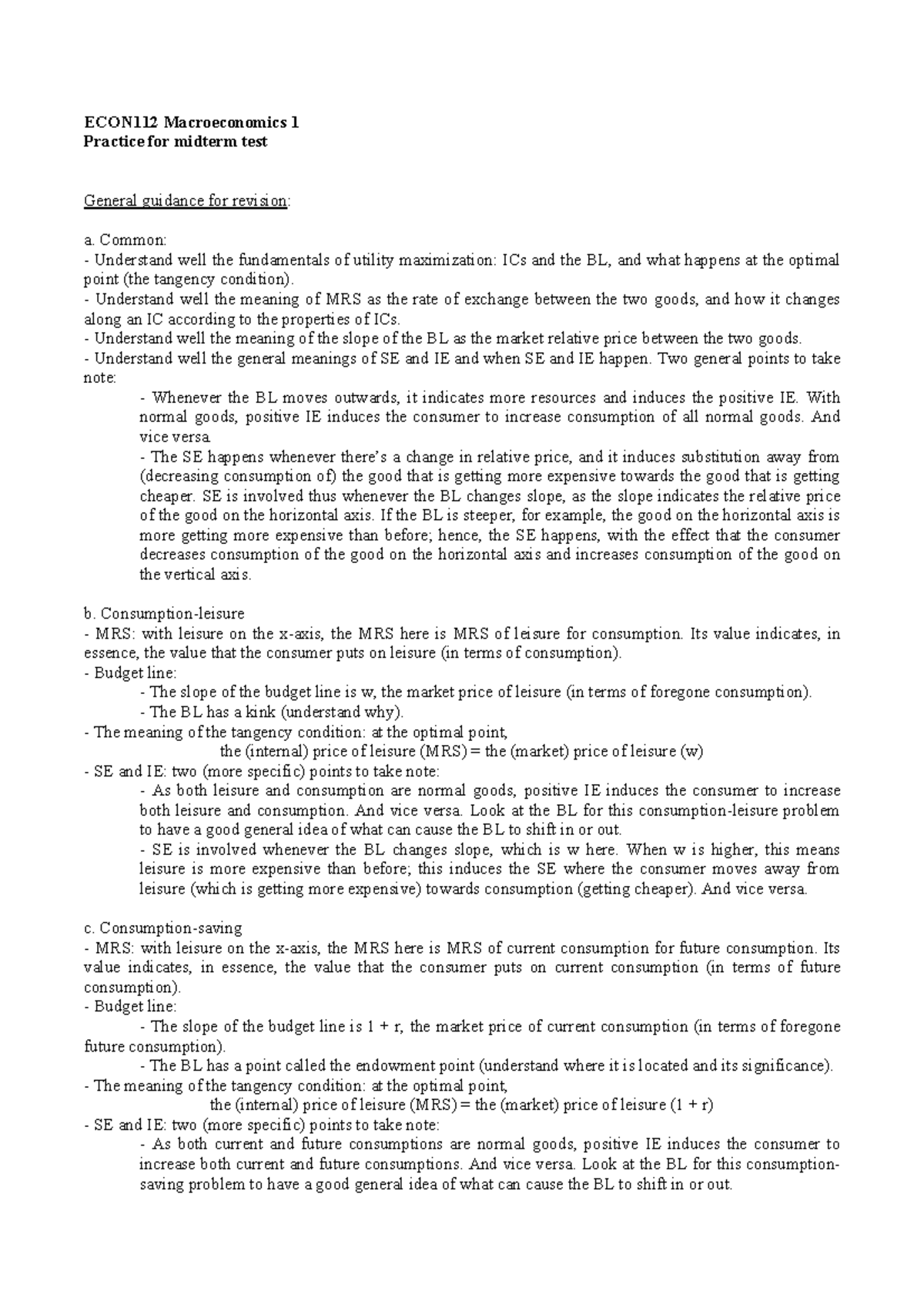 ECON112 Macroeconomics 1 Midterm Test Practice Guide - Studocu