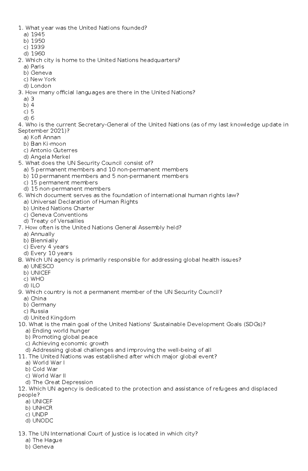 UN 101 Lecture: United Nations Trivia Questions & Answers - Studocu