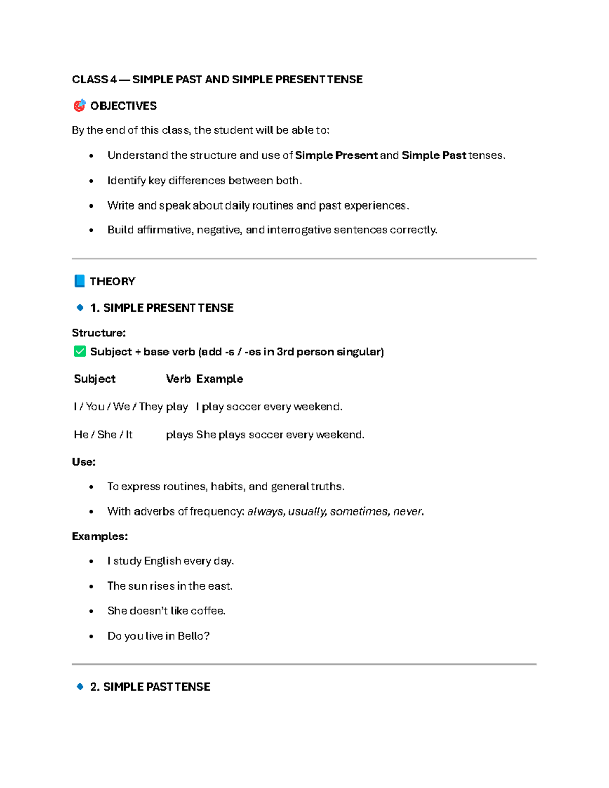 CLASS 4 SIMPLE PAST & PRESENT TENSE OBJECTIVES - Studocu
