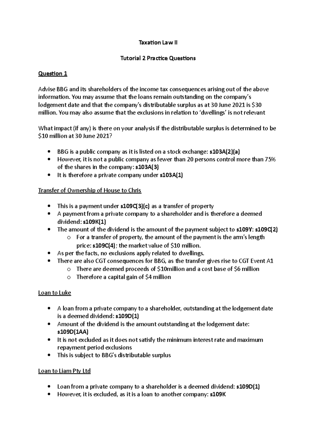 Taxation Law II 2021/22 Tutorial 2 Solutions and Analysis - Studocu