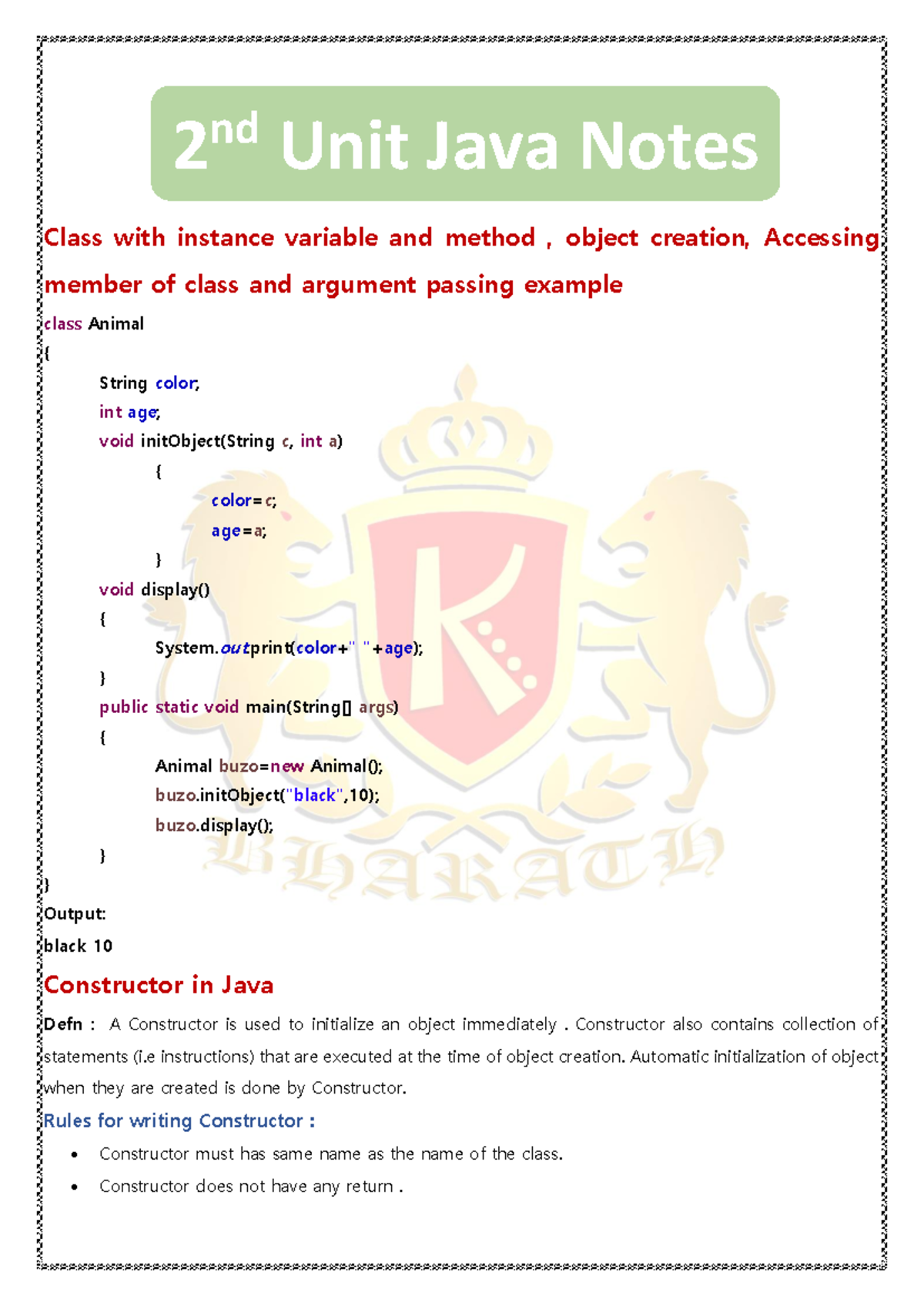 Java 2nd unit notes - None - Class with instance variable and method ...
