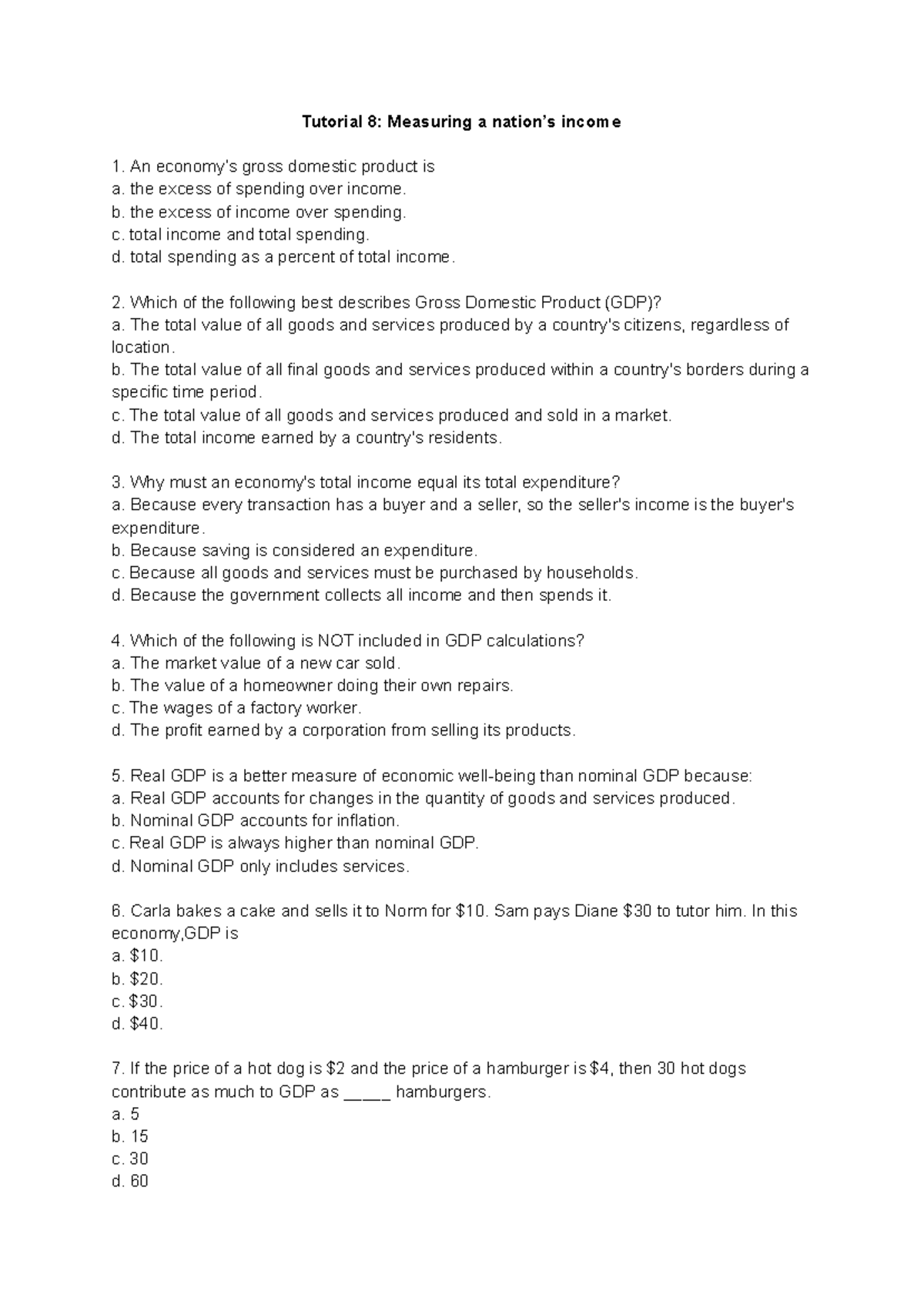 Tutorial 8: Measuring Income and GDP Concepts - ECO - Studocu