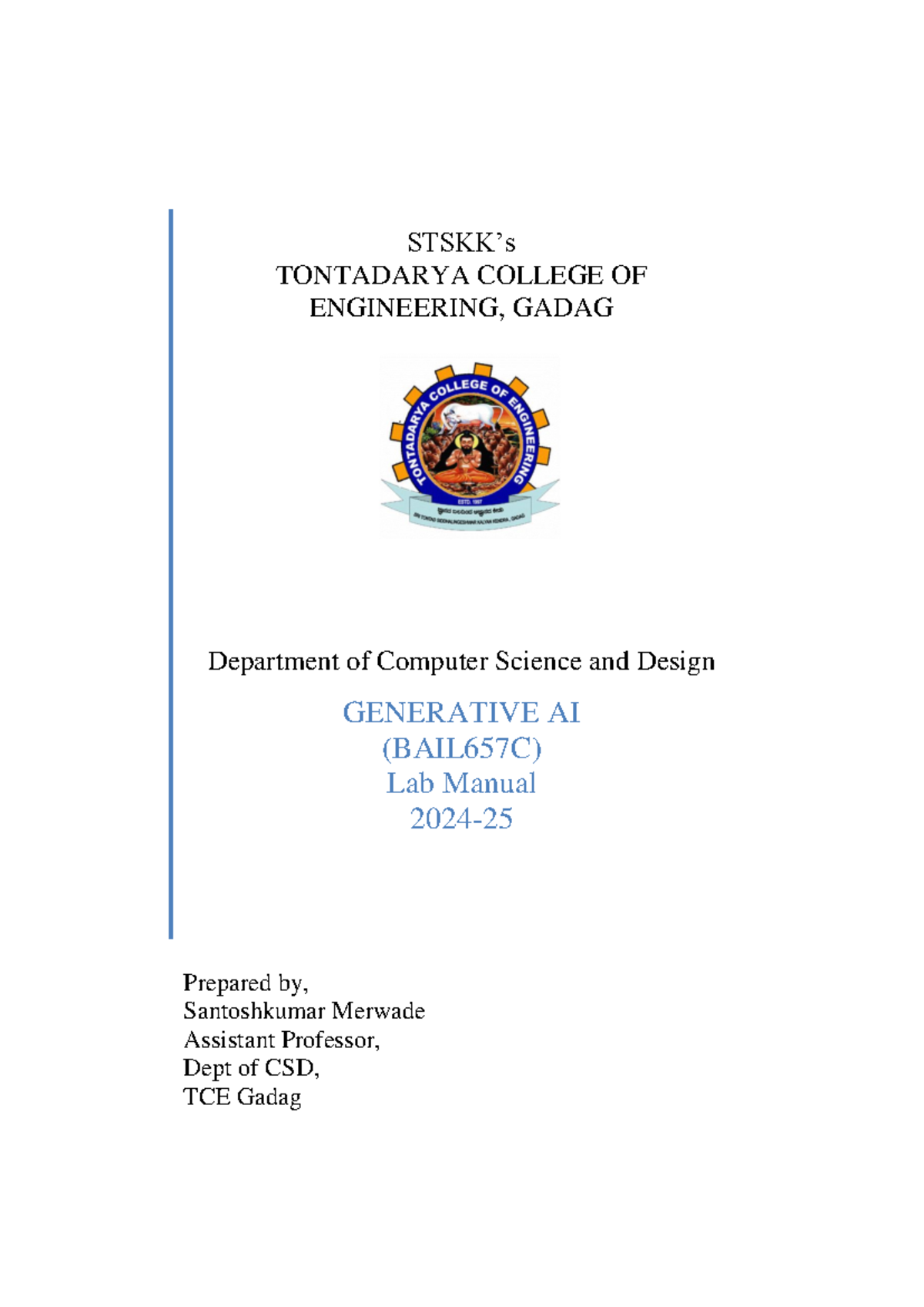 Lab Manual for Generative AI (BAIL657C) - Tontadarya College - Studocu