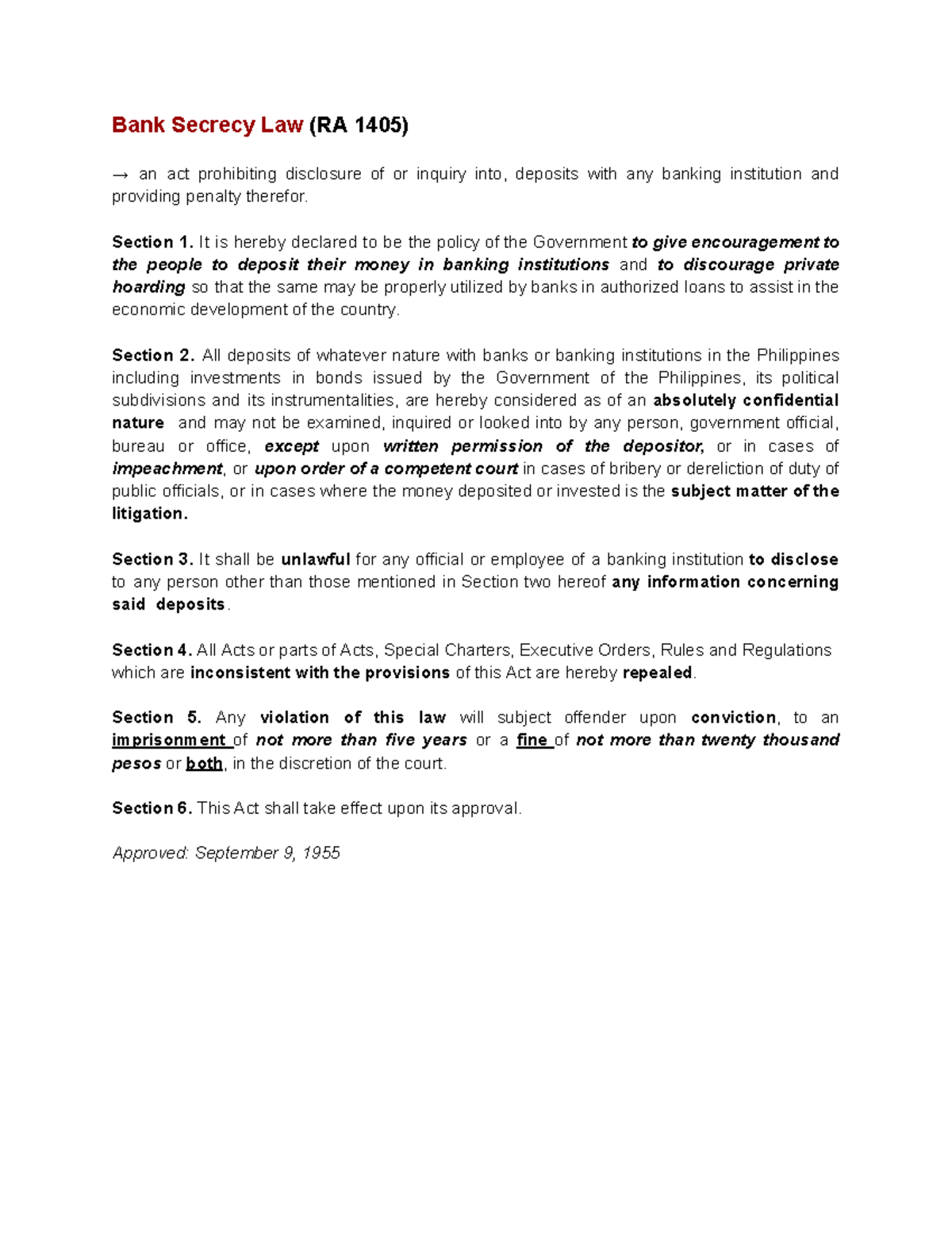 Bank Secrecy Law (RA 1405) - Key Notes and Provisions - Studocu