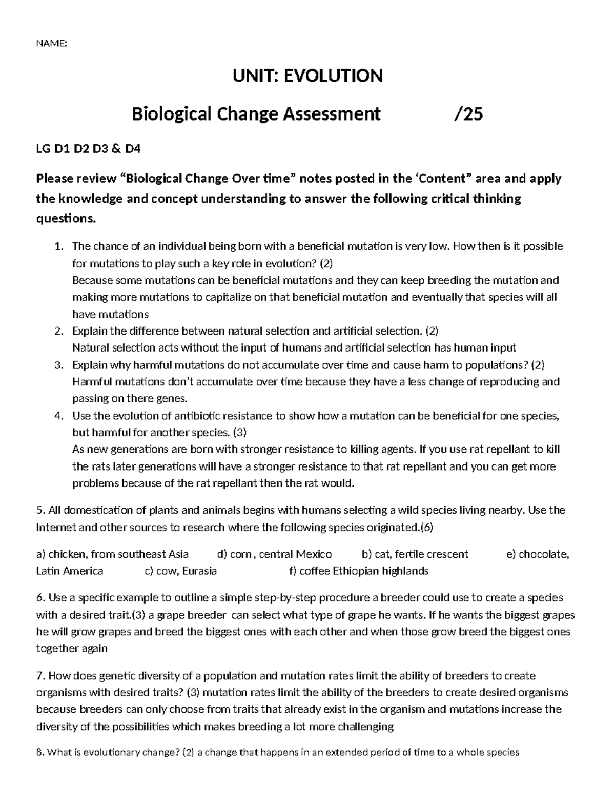 Biological Change Over Time Assessment 2020-21 113344 - NAME: UNIT ...