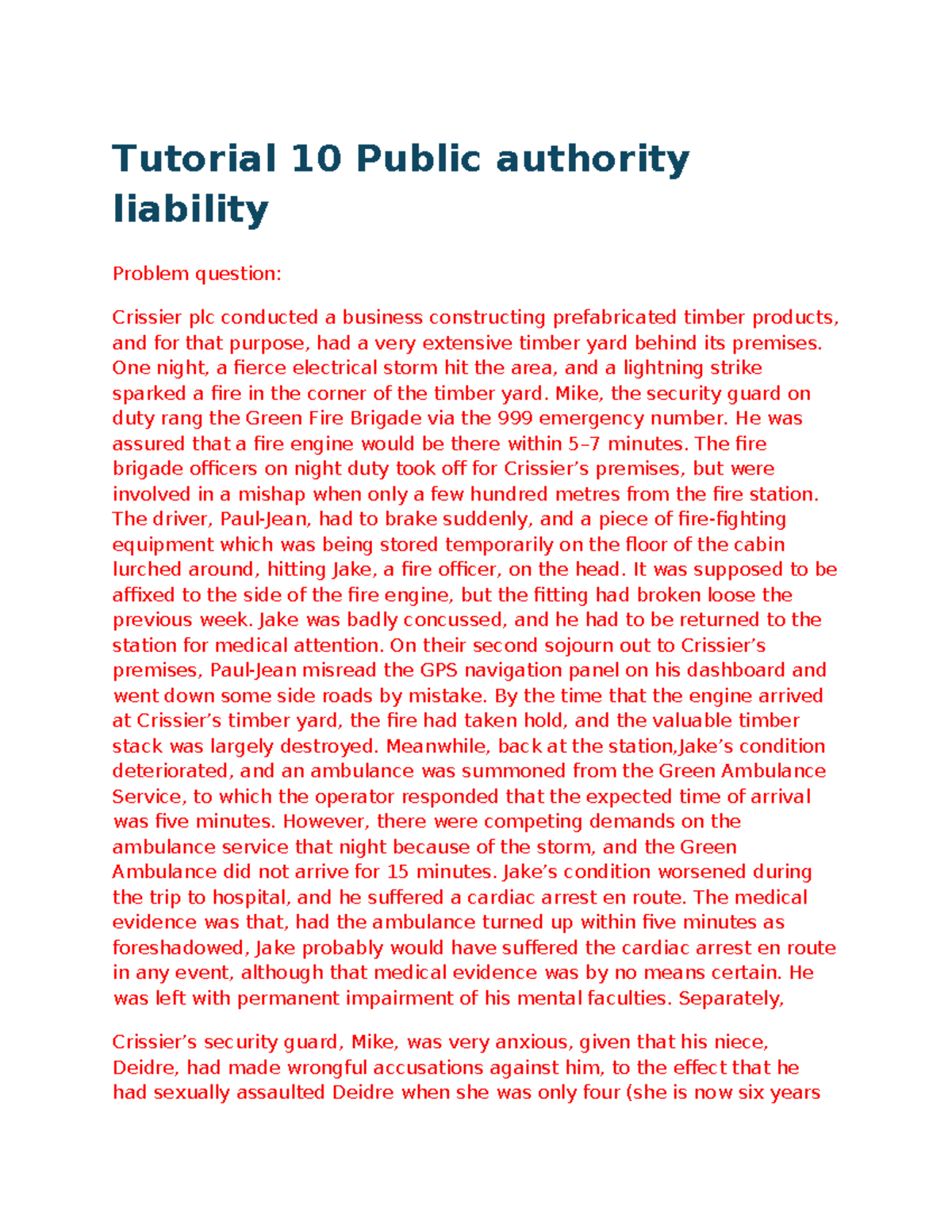 Tutorial 10: Public Authority Liability in Crissier plc Case Study ...