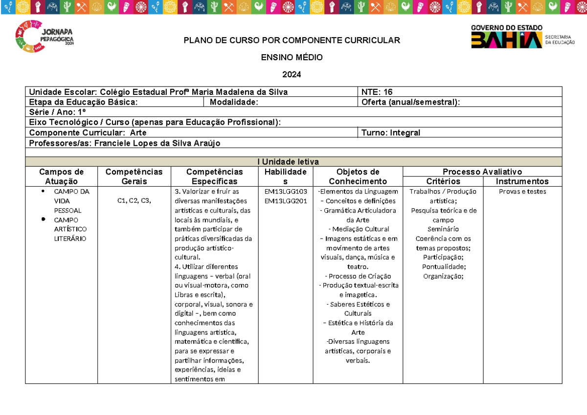 Plano de Curso de Arte - 1º Ano - Ensino Médio - 2024 - Studocu