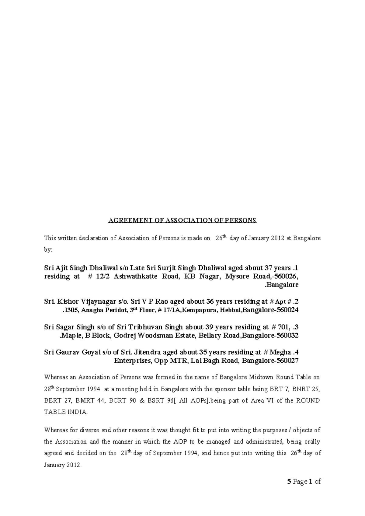 BMRT - Agreement of Association of Persons (2012) - Studocu