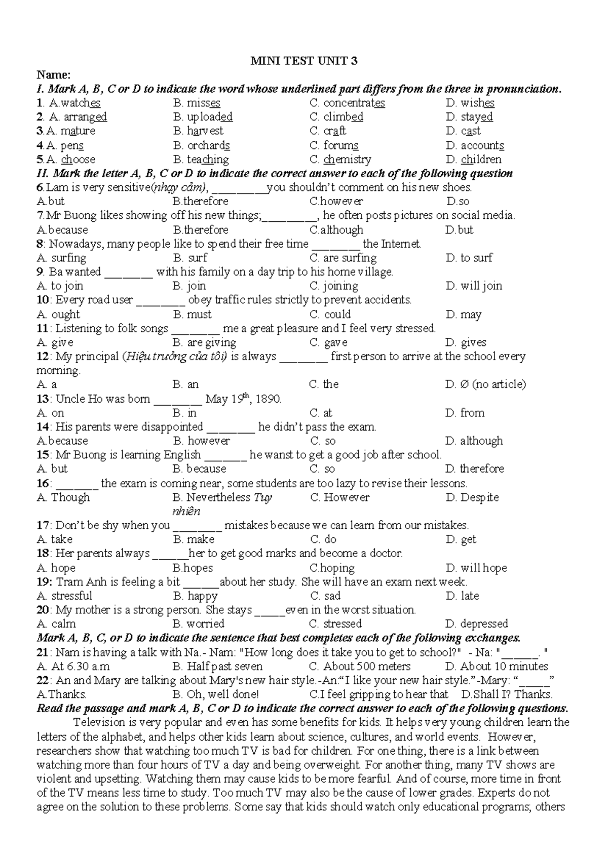 E8 MINI TEST UNIT 3 - Pronunciation and Comprehension Questions - Studocu