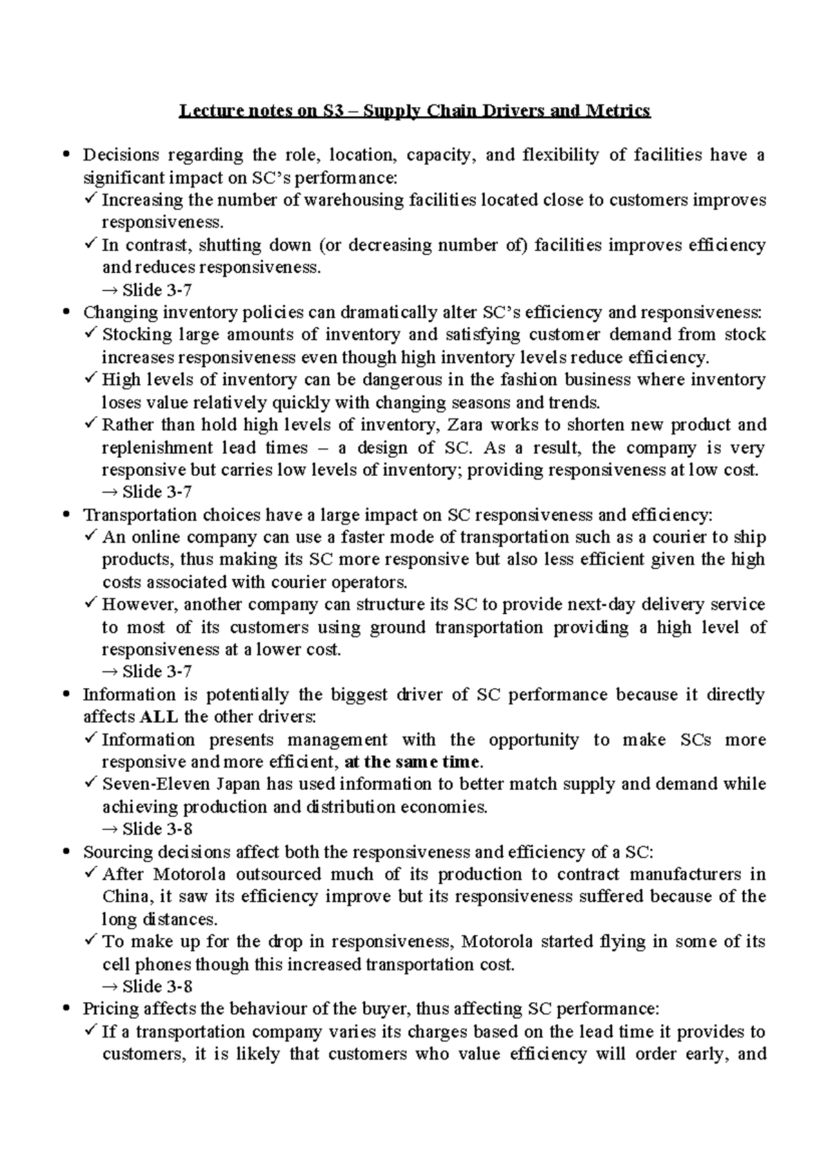 S3 - Supply Chain Drivers & Metrics - Lecture Notes Summary - Studocu