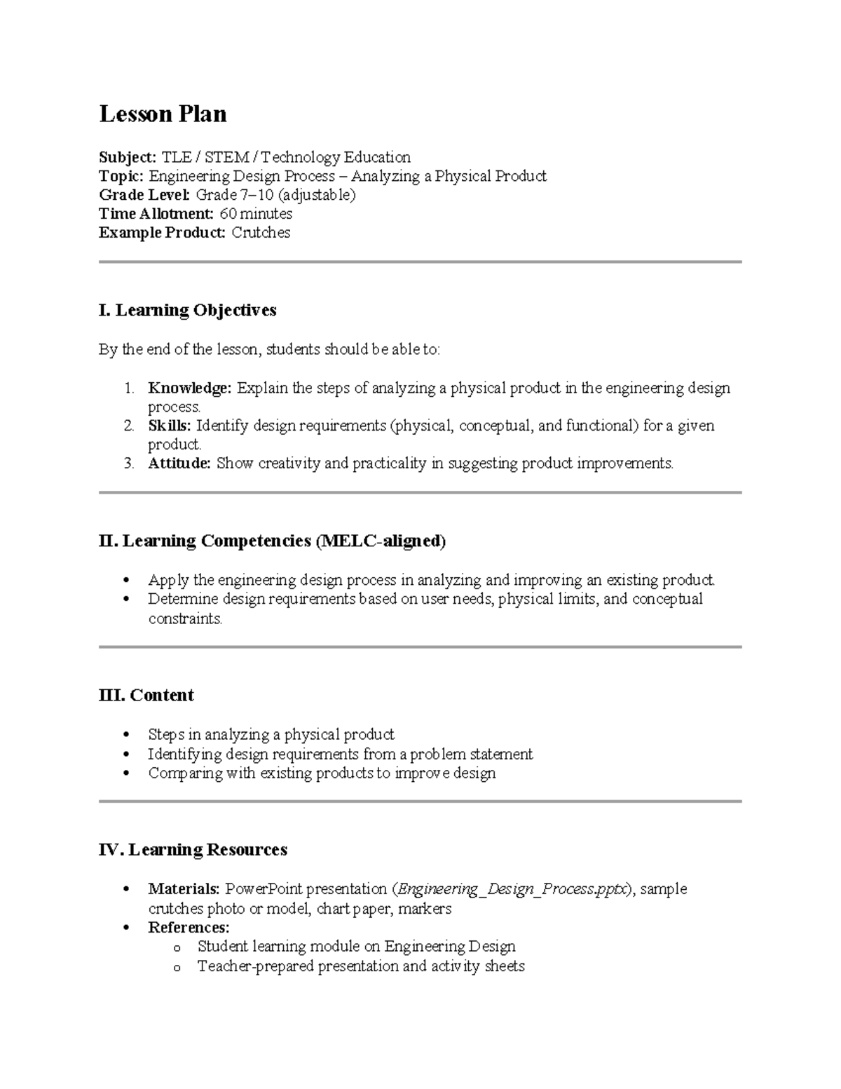 Lesson Plan TLE STEM EDP: Analyzing a Physical Product - Studocu