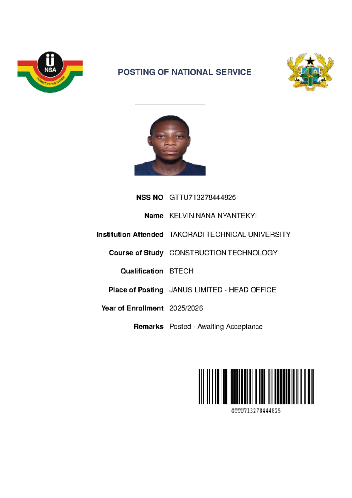 NSS Posting Letter for Kelvin NANA Nyantekyi - Janus Limited - Studocu