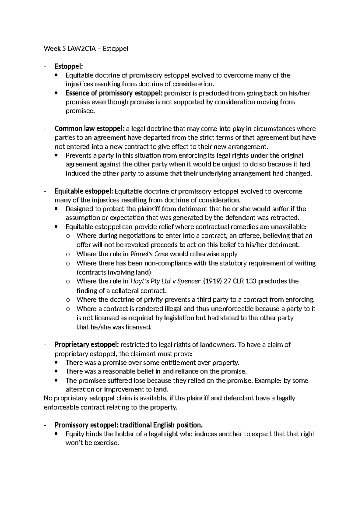 Week 5 LAW2CTA - Understanding Estoppel: Key Concepts and Cases - Studocu