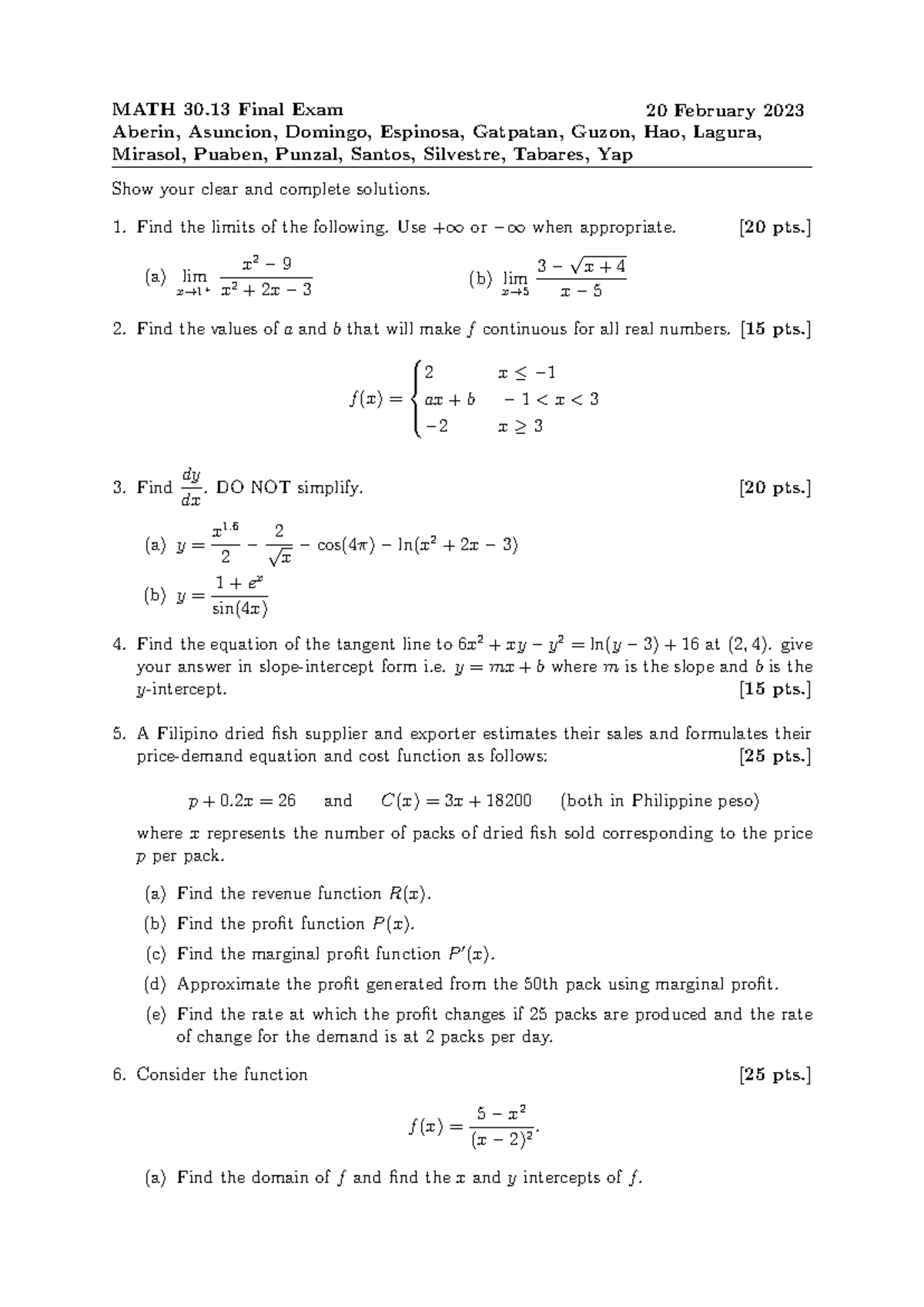 MATH 30.13 Final Exam Solutions - February 20, 2023 - Studocu