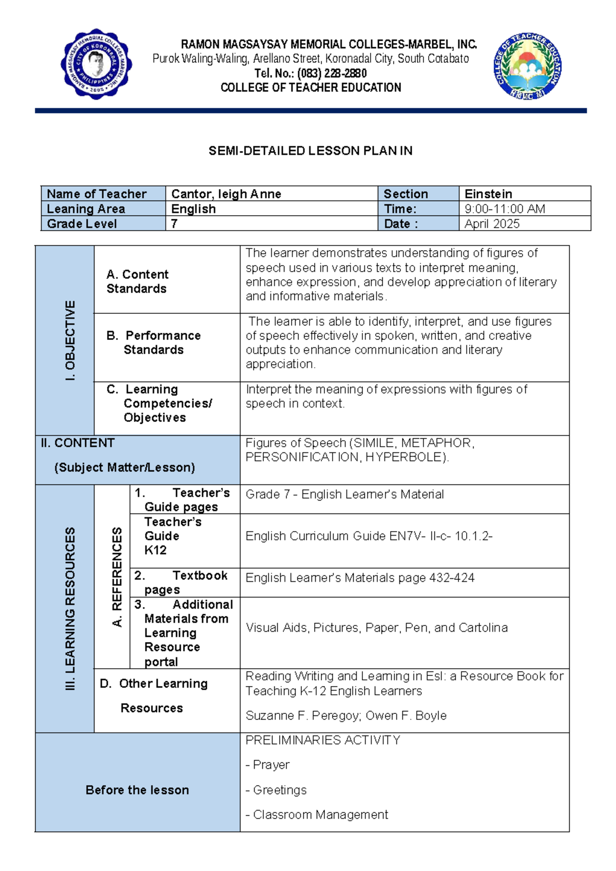 SEM-DETAILED LESSON PLAN ON FIGURES OF SPEECH FOR GRADE 7 ENGLISH - Studocu