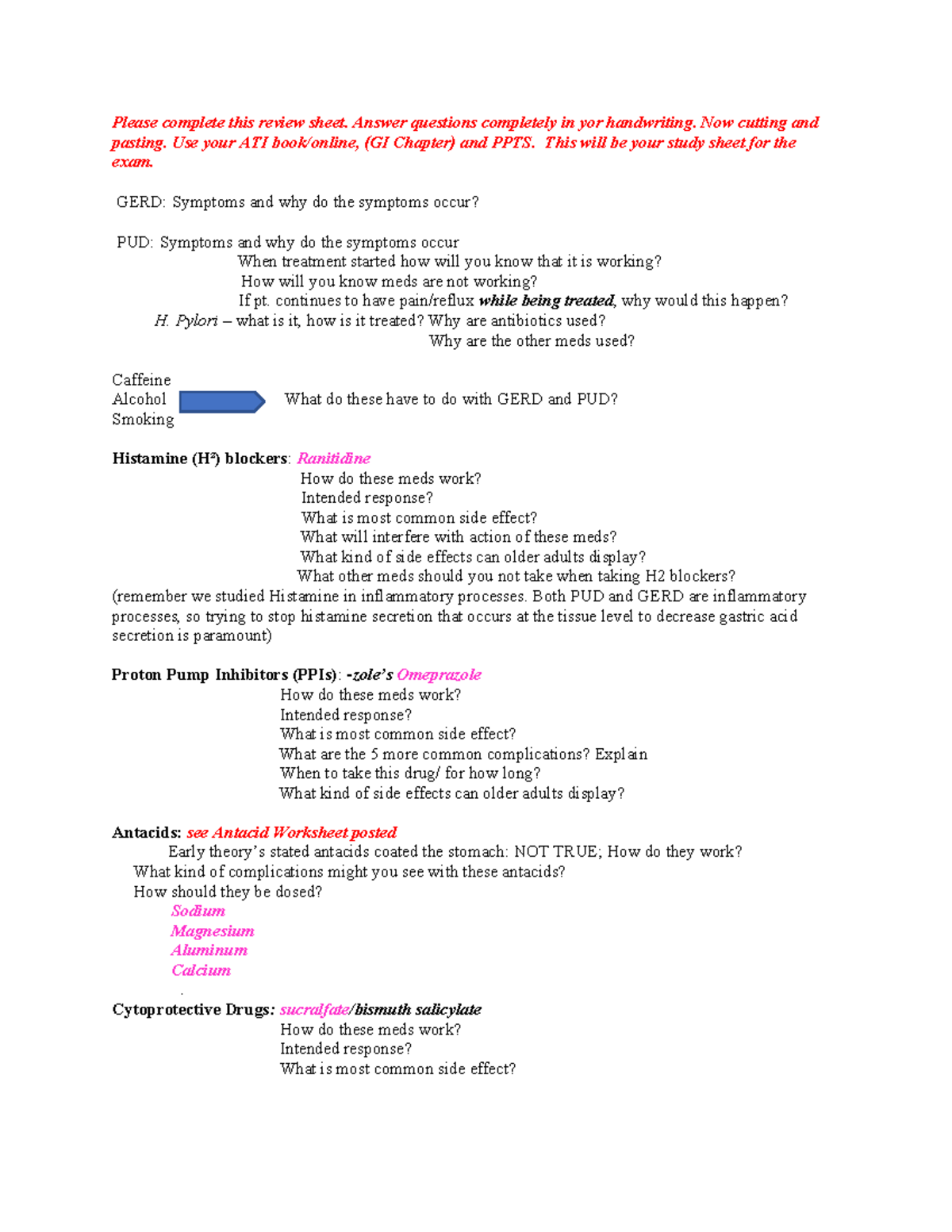 GI Review sheet - for pharm - Please complete this review sheet. Answer ...