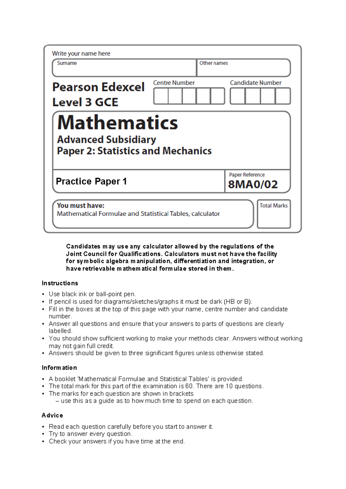 8MA0-02-AS-Statistics-and-Mechanics-Practice-Paper-1 - Studocu