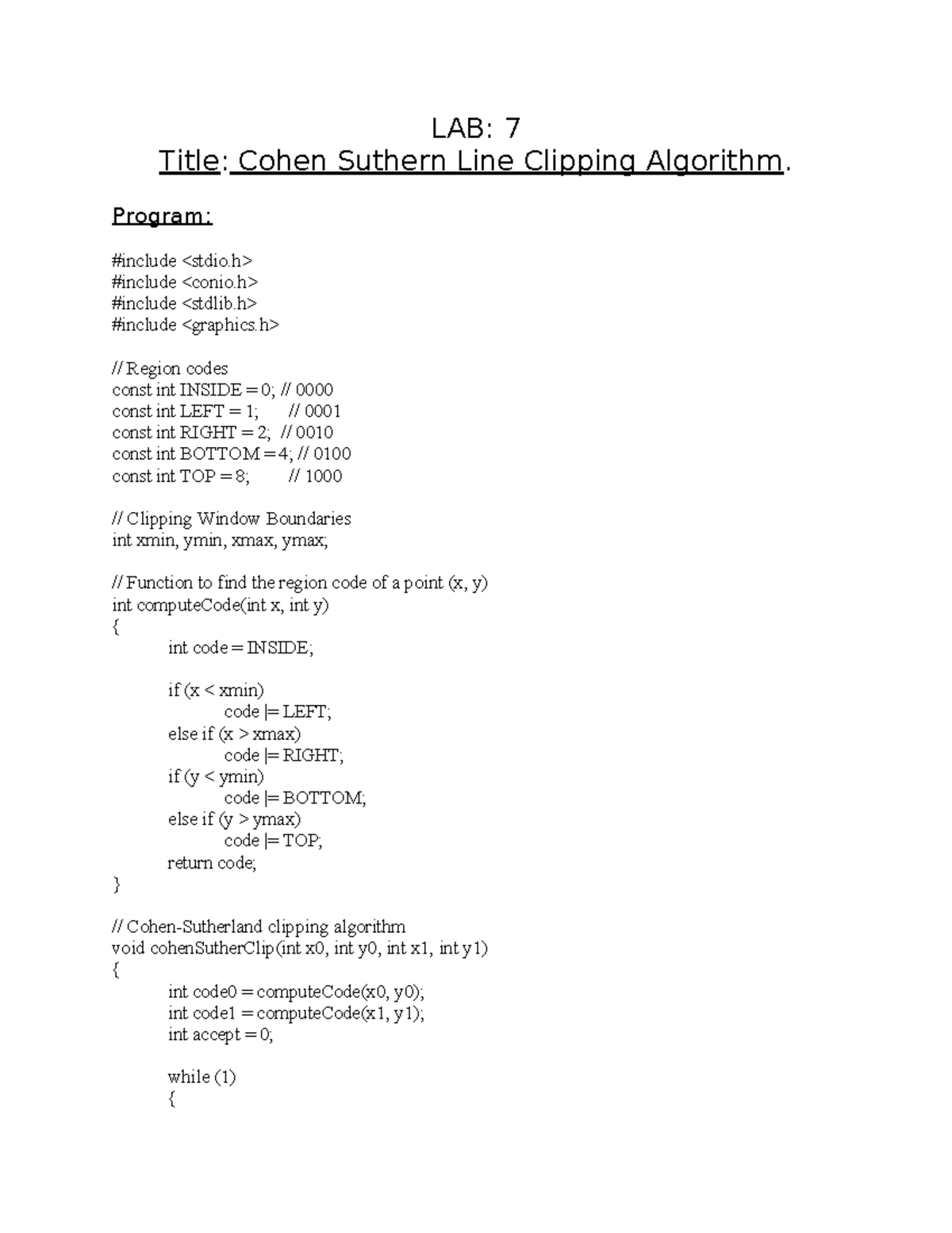 LAB: 7 - Cohen-Sutherland Line Clipping Algorithm Implementation - Studocu