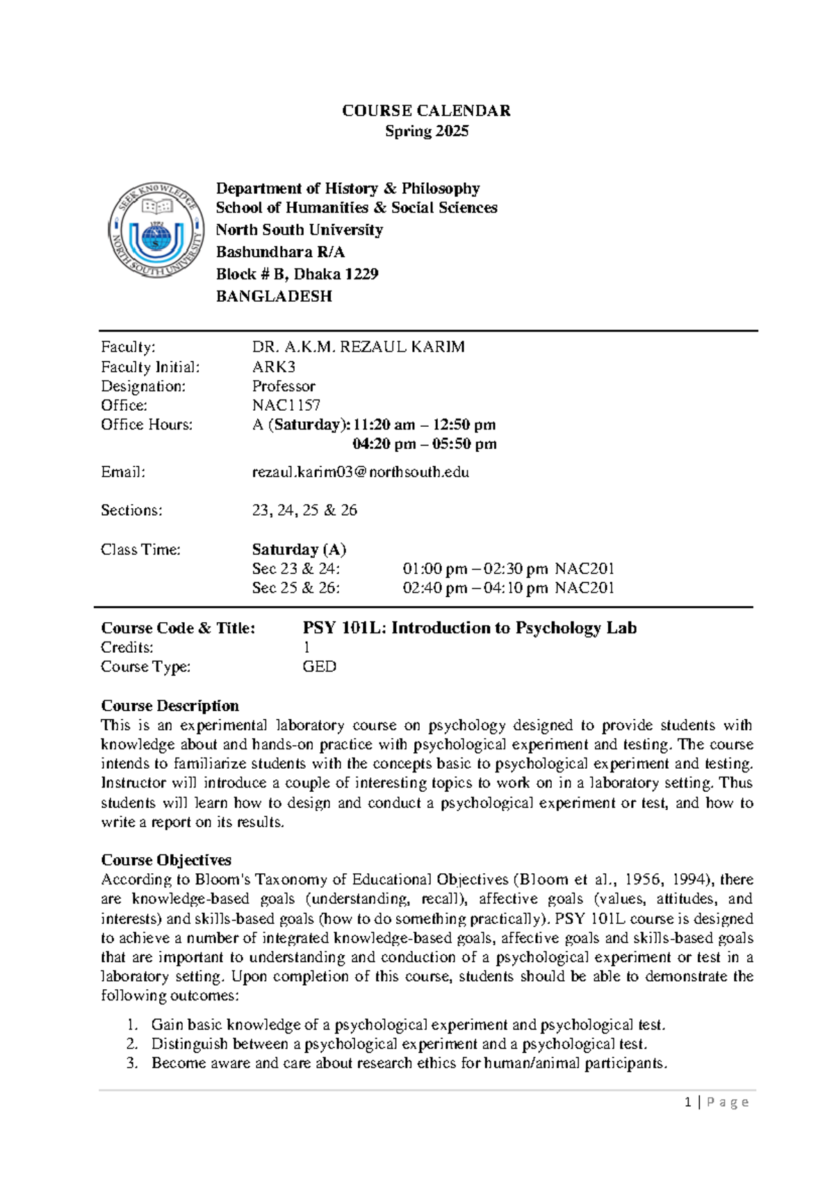 PSY 101L Full Syllabus- Spring 2025 - COURSE CALENDAR Spring 2025 ...