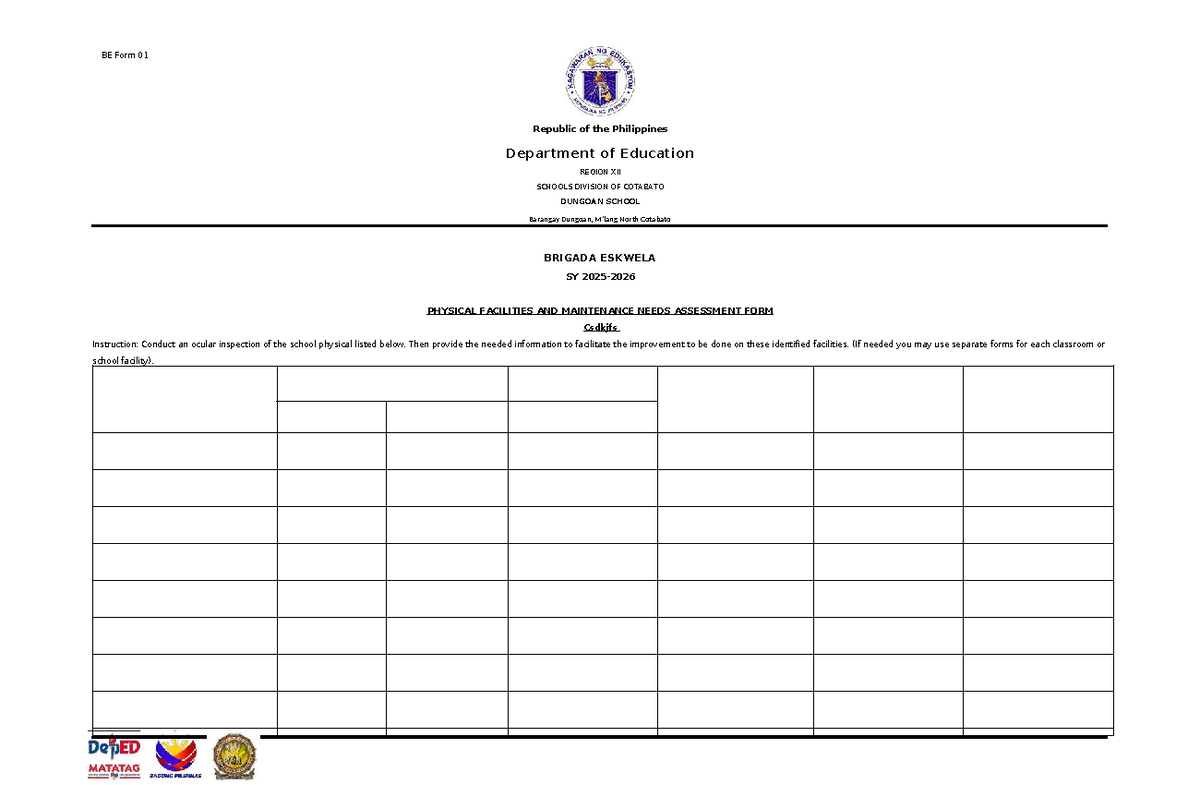 BE FORM 01 - Physical Facilities AND Maintenance Needs Assessment FORM ...