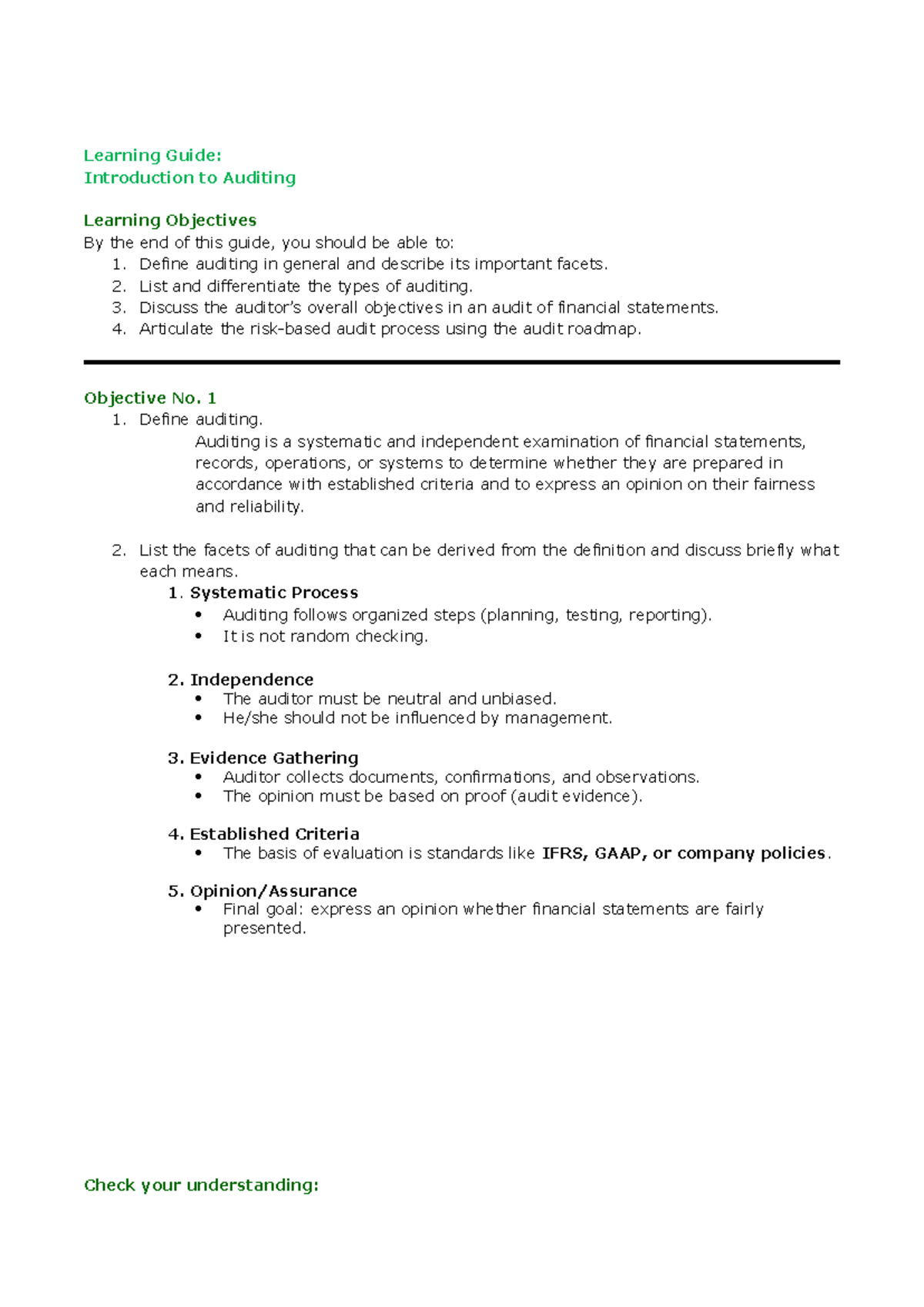 Learning Guide: Intro to Auditing Objectives & Key Concepts - Studocu