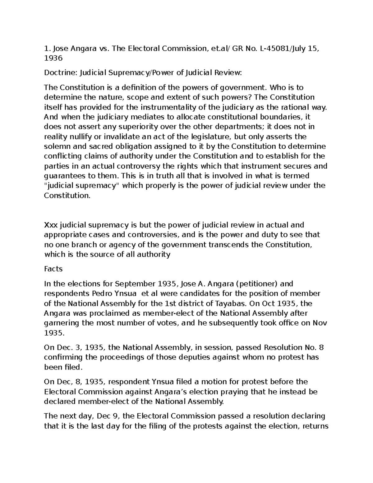 Angara v. Comelec GR No. 15, 1936: Judicial Review & Electoral ...