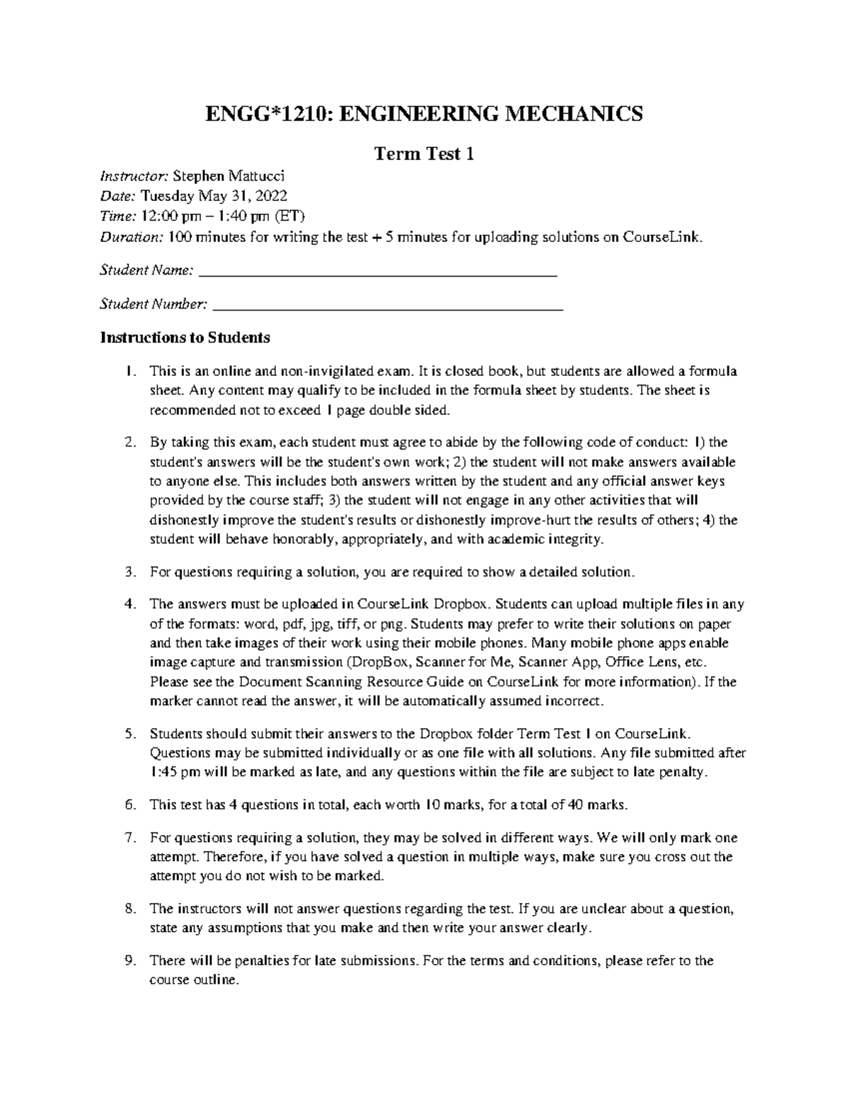 ENG1210 Term Test 1 S22 - Engineering Mechanics Exam Guide - Studocu