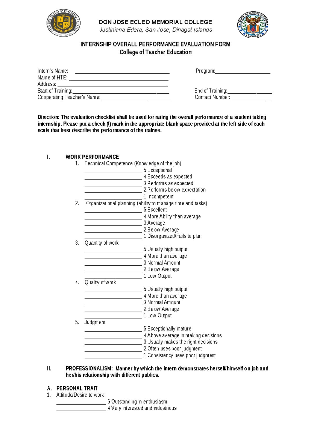 Internship Overall Performance Evaluation Form - 2023 - Studocu