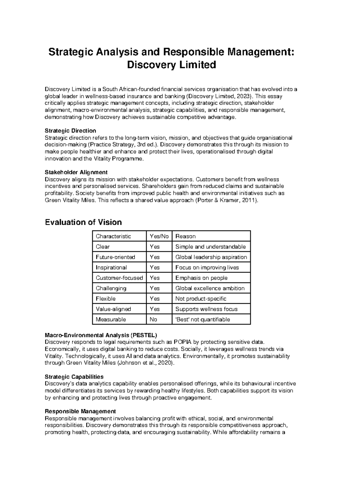 Strategic Analysis of Discovery Limited: Responsible Management ...