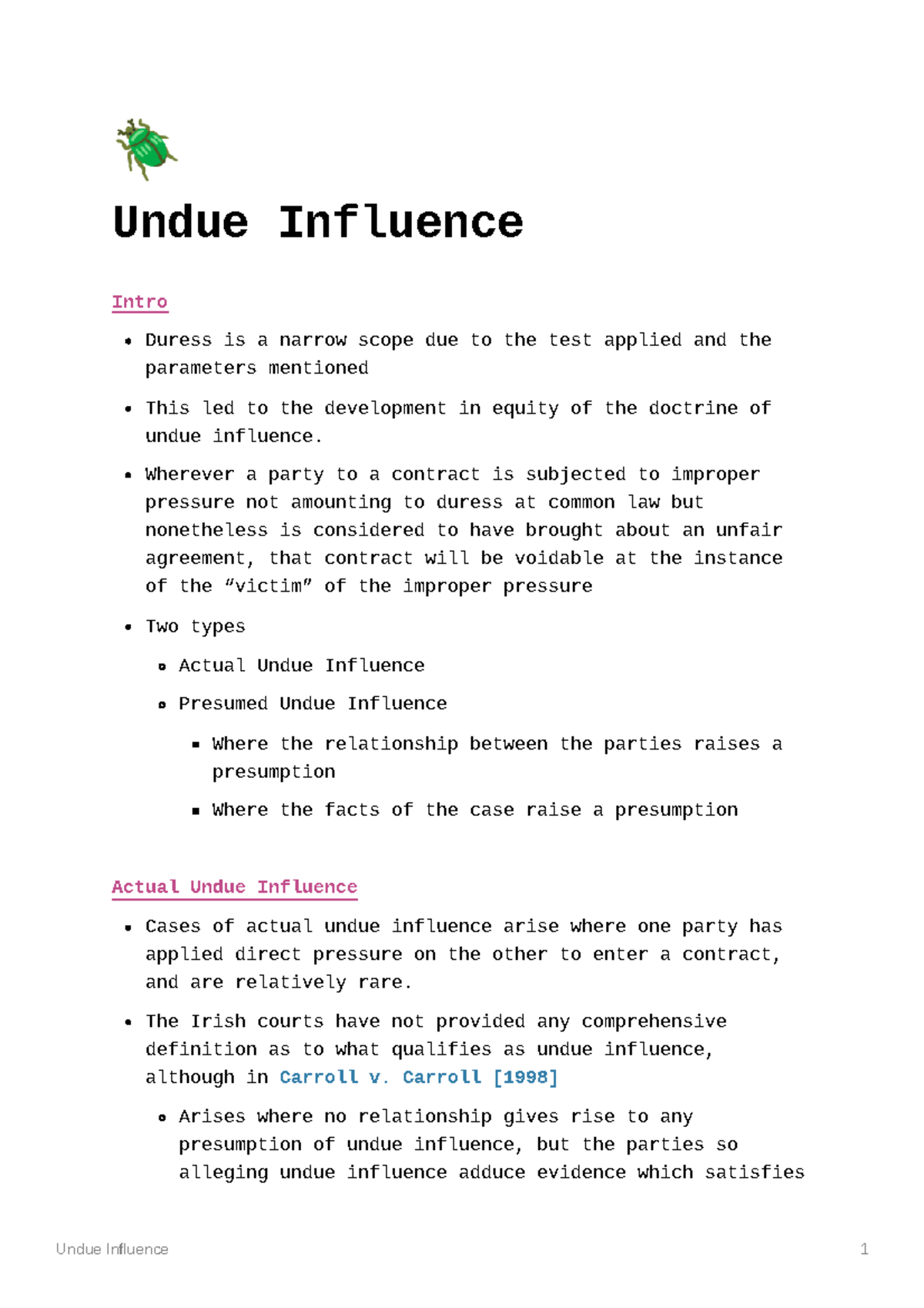 Undue Influence Notes - _ Undue Influence Intro Duress is a narrow ...