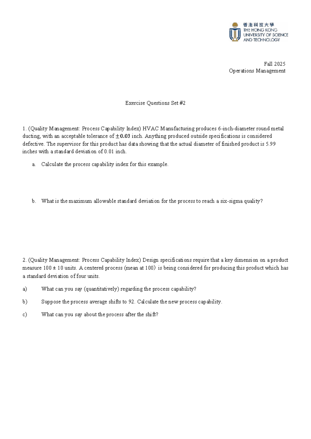 Fall 2025 ISOM2700 Quality Management Exercise Questions Set 1 - Studocu